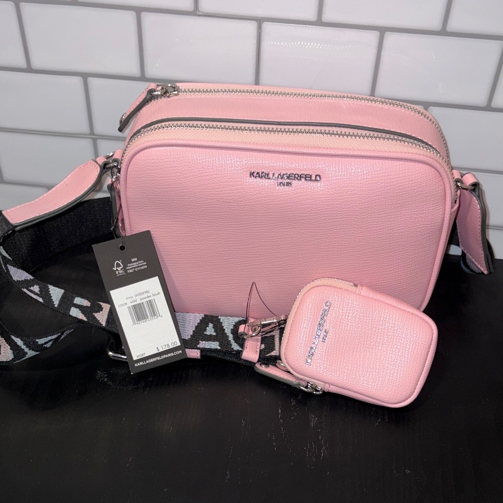 Karl Lagerfeld Pink Pebbled Leather Crossbody Camera Bag with Logo Strap
